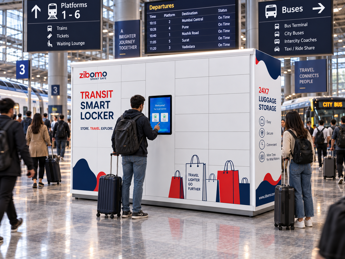 Self-service luggage lockers for transport hubs